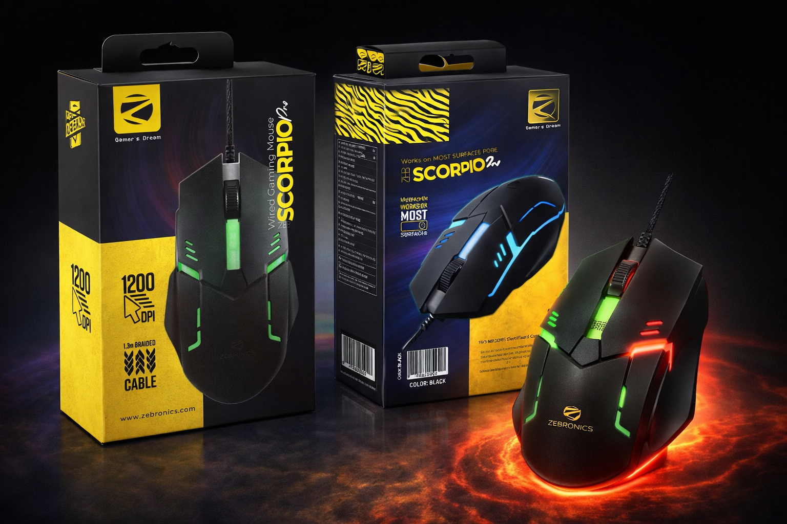 ZEBRONICS Scorpio Pro Wired Gaming Mouse | 1200 DPI | 1.3m Braided Cable | Ergonomic Design